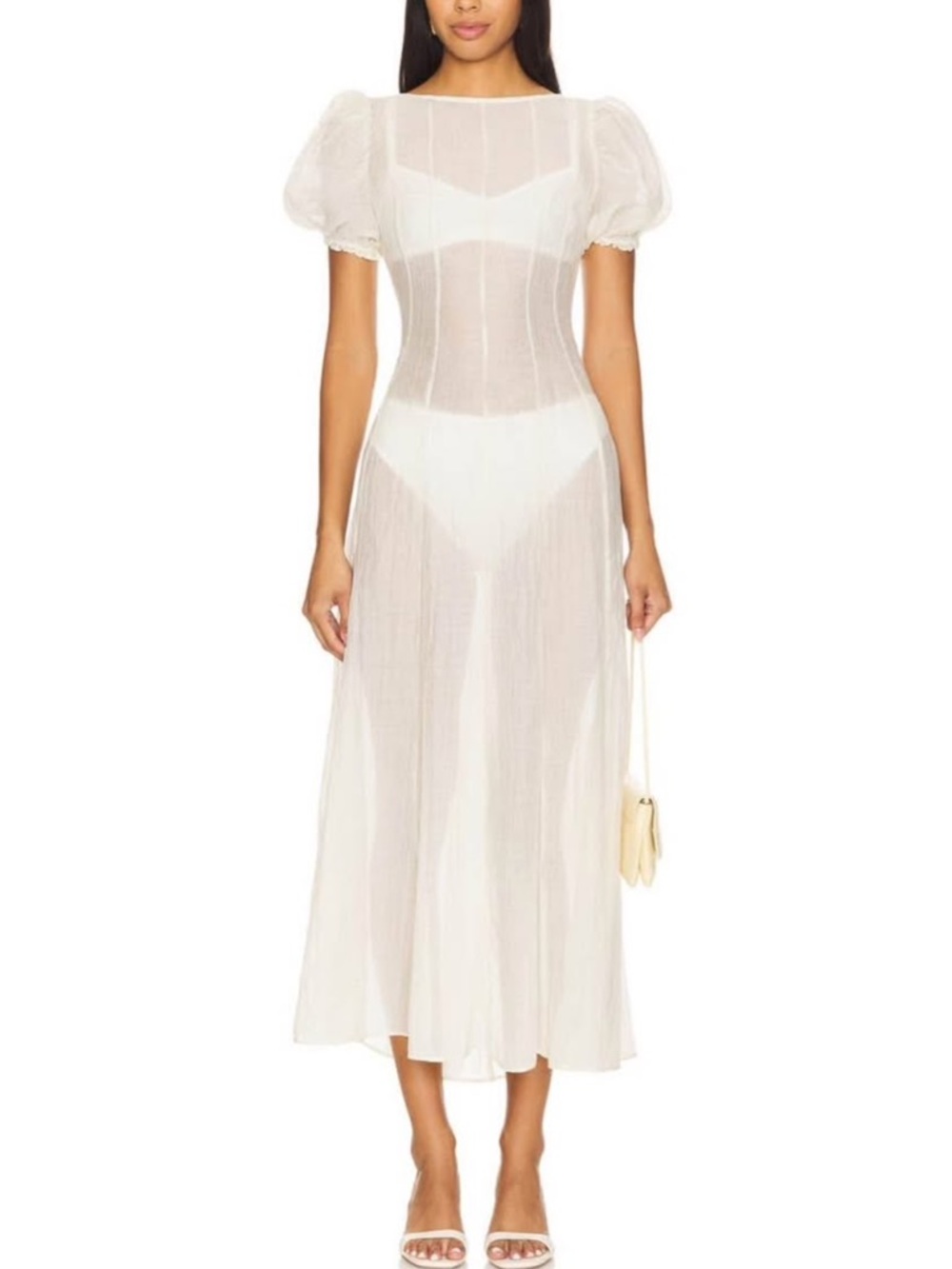 LPA Sheer Puff-Sleeve Midi Dress in White